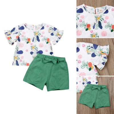 

Infant Kids Baby Girls Floral Flying Sleeve T-shirtShort Pants Sunsuit Outfits