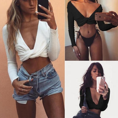 

Sexy Women Plunge Deep V-Neck Cross Twisted Crop Top Blouse Tee Casual Clubwear