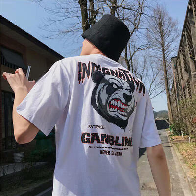 

Summer New Five-point Sleeve Loose Hong Kong Half-sleeved T-shirt Round Neck Youth Seven-point Sleeves Mens Direct Whol
