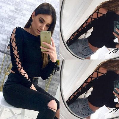 

Fashion Women&39s Summer Long Sleeve Loose Blouse Casual Shirt Crop Tops T-Shirt