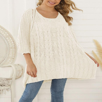 

Solid Cable Eyelets Scoop Three-quarter Batwing Sleeves Knit Sweater