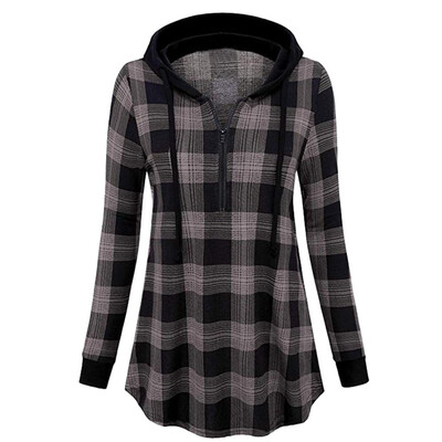 

Starmoon Women Hooded Zipper Plaid Hooded Sweater V-Neck Shirt And Casual Top Blouse