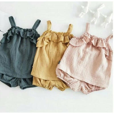 

Toddler Baby Girls Summer Clothes Ruffle Cotton linen Sling Set Outfits