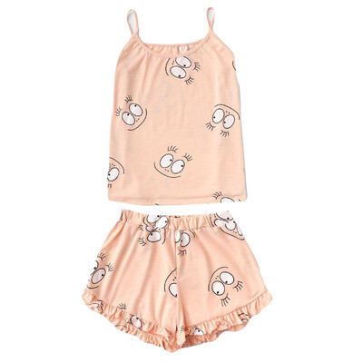 

Roseonmyhand Women Sleeveless Camisole Tops Short Pants Cartoon Print Frill Trim Pajama Set