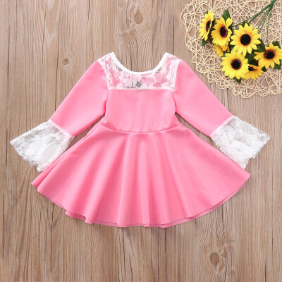 

Toddler Infant Baby Girl Long Sleeve Lace Dress Solid Bow Princess Clothes Dress