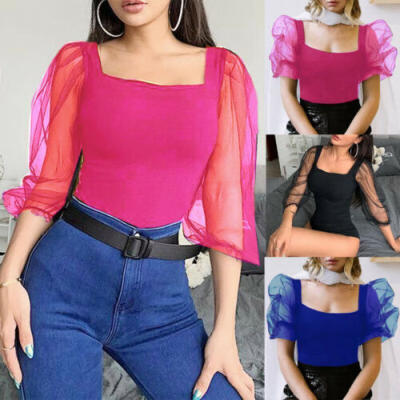 

Women Bodysuit Bodycon Jumpsuit Romper Leotard Tops Blouse Playsuit Puff Sleeve