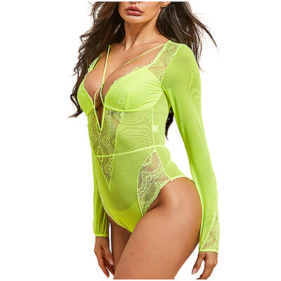 

Toponeto Women Sexy Lace V-neck Perspective Lingerie Long-Sleeved Sexy Underwear Bodysuit