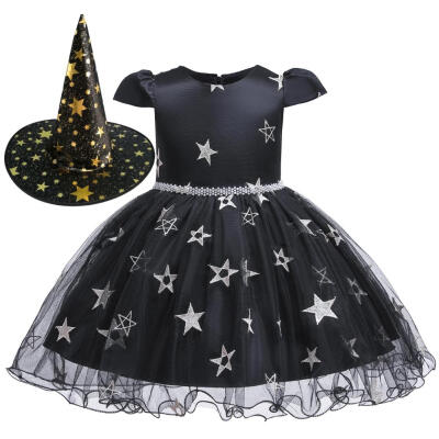 

2pcsset Halloween Star Pattern Witch HatKids Performance Girls Tutu Dress
