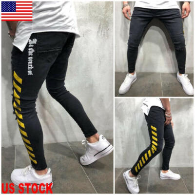 

Mens Skinny Stretch Denim Pants Distressed Ripped Freyed Slim Fit Jeans Trousers