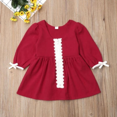 

Kids Baby Girls Front Lace Zipper Long Sleeve Red Party Dress for Christmas Wedding Birthday 1-2 Years