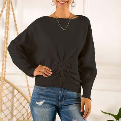 

Gobestart Women Office Lady Pullover Knitted Solid Color Long Sleeve Slash-Neck Sweater