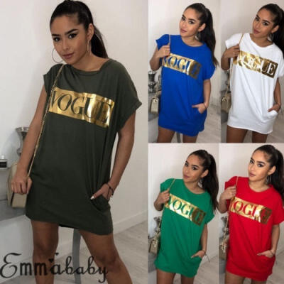 

Womens Short Sleeve VOGUE Party Crew Neck Bodycon Summer Beach T-shirt Dress