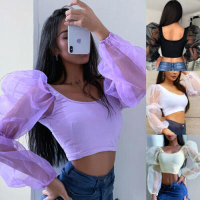 

Sexy Women Sheer Lace See Through Crop Tops Puff Long Sleeve T-Shirt Blouse 6-18