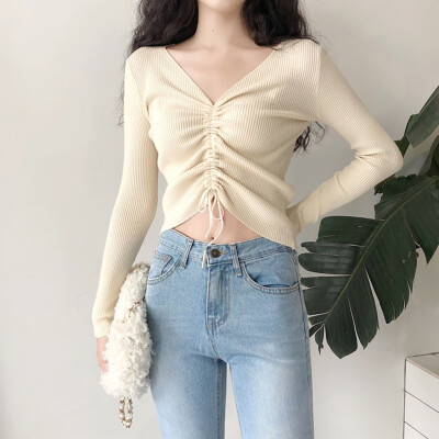 

sweater women Sexy lace up knitting pullover top Fashion autumn winter Chic pink V-neck knit slim jumper pull femme 2019 New