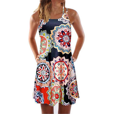 

Floral Print Straps Dresses Women O Neck Sleeveless A-line Loose Dress