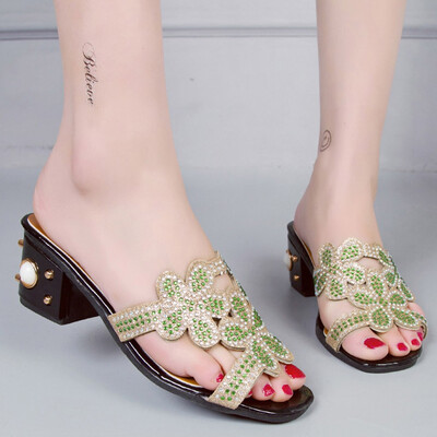 

Rose Women Fashion High Heels Slipper Peep Toe Hollow Crystals Party Shoes Flip Flops