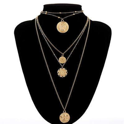 

Multilayer Carved Coin Choker Necklace Vintage Alloy Beads Angel Sun Flower Pendant Long Necklace Women Jewelry 2019