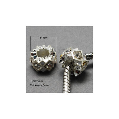 

Alloy Enamel European Beads with Grade A Rhinestone Large Hole Beads Column Silver White 11x6mm Hole 5mm