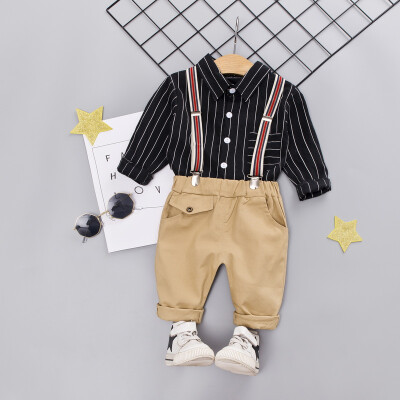 

Autumn Baby Boy Adorable Striped Print Long Sleeve Shirt Blouse Suspenders Trousers Casual Outfits Clothes