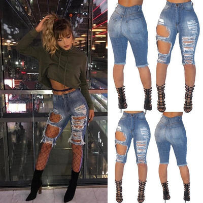 

Women Hole Destroyed Ripped Distressed Slim Denim Pants Cowboy Jeans