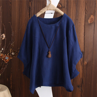 

Women Tops T-Shirt Round Neck Casual Dropped Shoulder Stack Sleeve Baggy Blouse