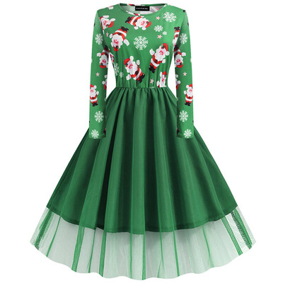 

Christmas Santa Snowflake Printed Xmas A-Line Oversize Dresses Casual Slim Waist Lace Stitching Evening Party