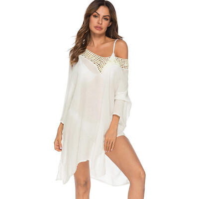 

Sexy Women Bikini Cover Up Solid V Neck Hollow Out Split Casual Loose Swimsuit Coverups Beach Dress White