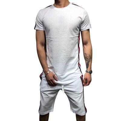 

Mens Fashion O-Neck Striped Print Top And Casual Knee-Length Shorts Set