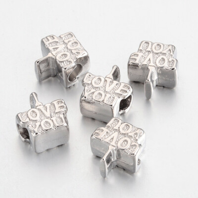 

Tibetan Style European Beads Lead Free & Cadmium Free Large Hole Beads Phrase"LOVE YOU" for Valentines Day Platinum