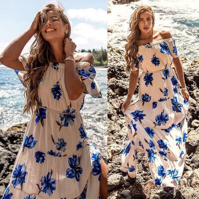 

Womens Floral Long Maxi Dress Short Sleeve Evening Party Summer Beach Sundress