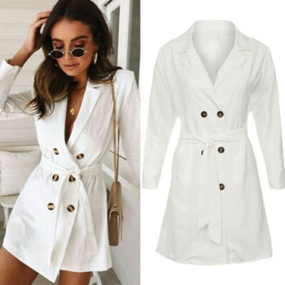 

New Womens Cotton Double Breasted Trench Coat Long Blazer Jacket Outwear