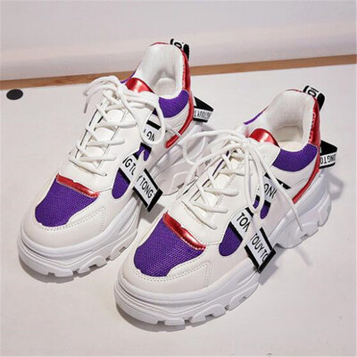 

2019 Spring New Leather Womens Platform Chunky Sneakers Fashion Women Flat Thick Sole Shoes Woman Dad Footwear F023