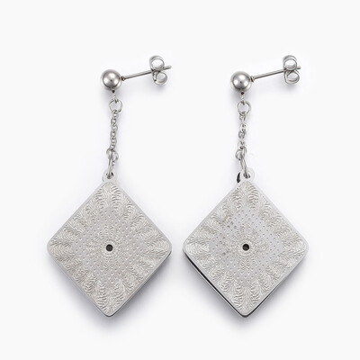 

304 Stainless Steel Dangle Stud Earrings Rhombus Stainless Steel Color 56x28mm Pin 08mm