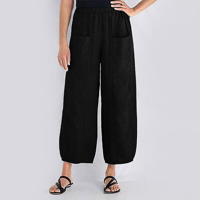 

Plus Size Women Pure Color High Waist Wide Leg Pants Pocket Trousers Loose Pants