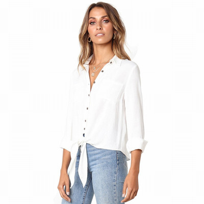 

Solid color POLO collar single-breasted long-sleeved knotted casual white-collar blouse top