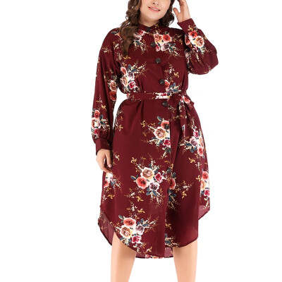 

Women Autumn Fashion Casual Round Collar Long Sleeve Flower Pattern Button Medium-length Dresses