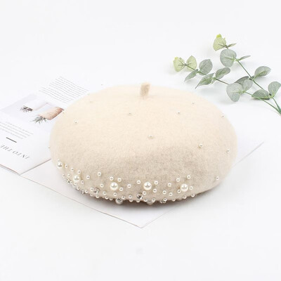 

Vintage Women Beret Hat Wool Beading Rhinestone Faux Pearl Adjustable Autumn Winter Sweet Pumpkin Hat