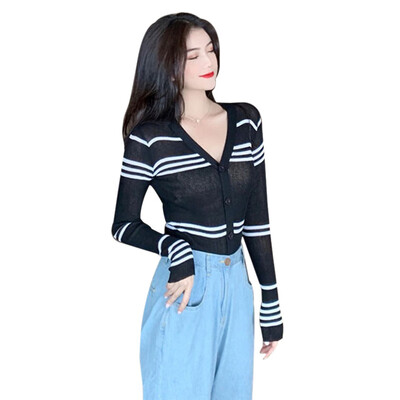 

Sweater Cardigans Women V-neck Striped Long Sleeve Slim Sweater Short Knit Casual Autumn Wild Female Cardigans
