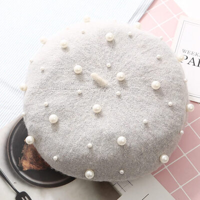 

Women Winter Warm Wool Pearl Felt Beret Hat Luxury Vogue Beret Hats