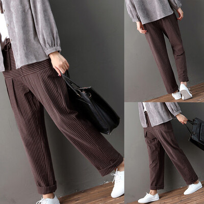 

Women Autumn Casual Striped Cotton Linen Pocket Loose Pants Trousers Pants