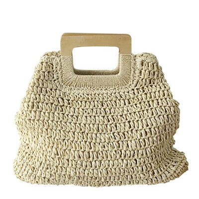 

Vintage Large Capacity Totes Women Woven Summer Beach Bag Wooden Handle Straw Handbag Bohemian Top-handle Bags