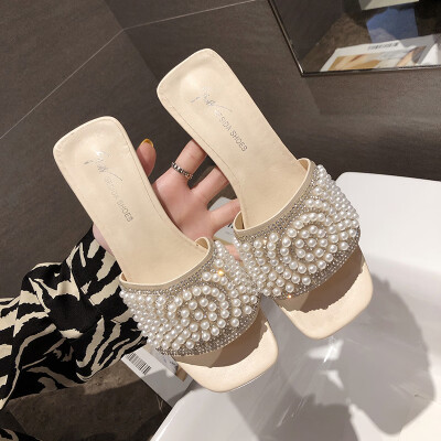 

Ins Chaozhou Sandals Female Korean version of a word water drill thick heel high-heeled slippers for women wearing in summer