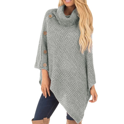 

〖Follure〗Womens Knit Turtle Neck Poncho with Button Irregular Hem Pullover Sweaters