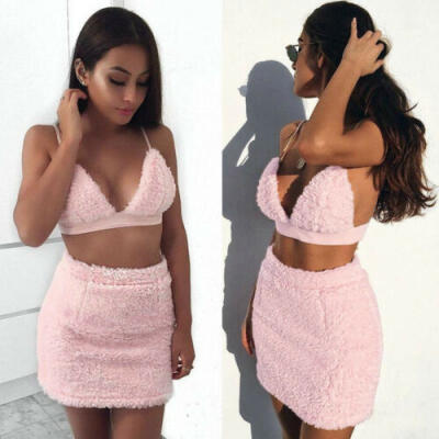 

2Pcs Womens Sexy Crop Top Bra Summer Beach Mini Skirt Bodycon Party Dress Set