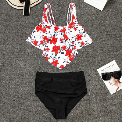 

Roseonmyhand Women Two Piece Plus Size Sexy Backless Halter Floral Printed Swimwear Set