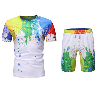 

Toponeto Fashion Men Casual Splash-ink Print Short Sleeve O-Neck T-Shirts Pants Suits