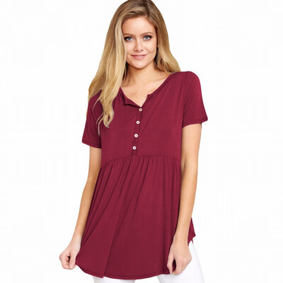 

Solid color V-neck short-sleeved button hem loose casual top