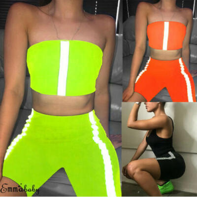 

Women Summer 2Piece Set Reflective Crop Top Shorts Bodycon Outfit Club Jumpsuit