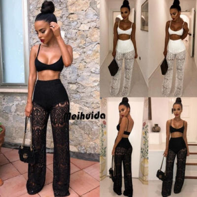 

Mesh Women 2 Piece Outfit Set Rompers Jumpsuit Long Pants Set Sleeveless Crop Tops