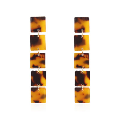 

Alloy Dangle Earrings with Resin&925 Sterling Silver Pin Square Golden Plated Orange 66x12mm